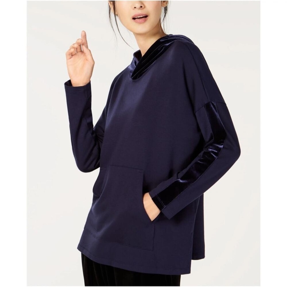 Eileen Fisher Navy Velvet Trim Hoodie Kangaroo Pocket Women’s Size Medium